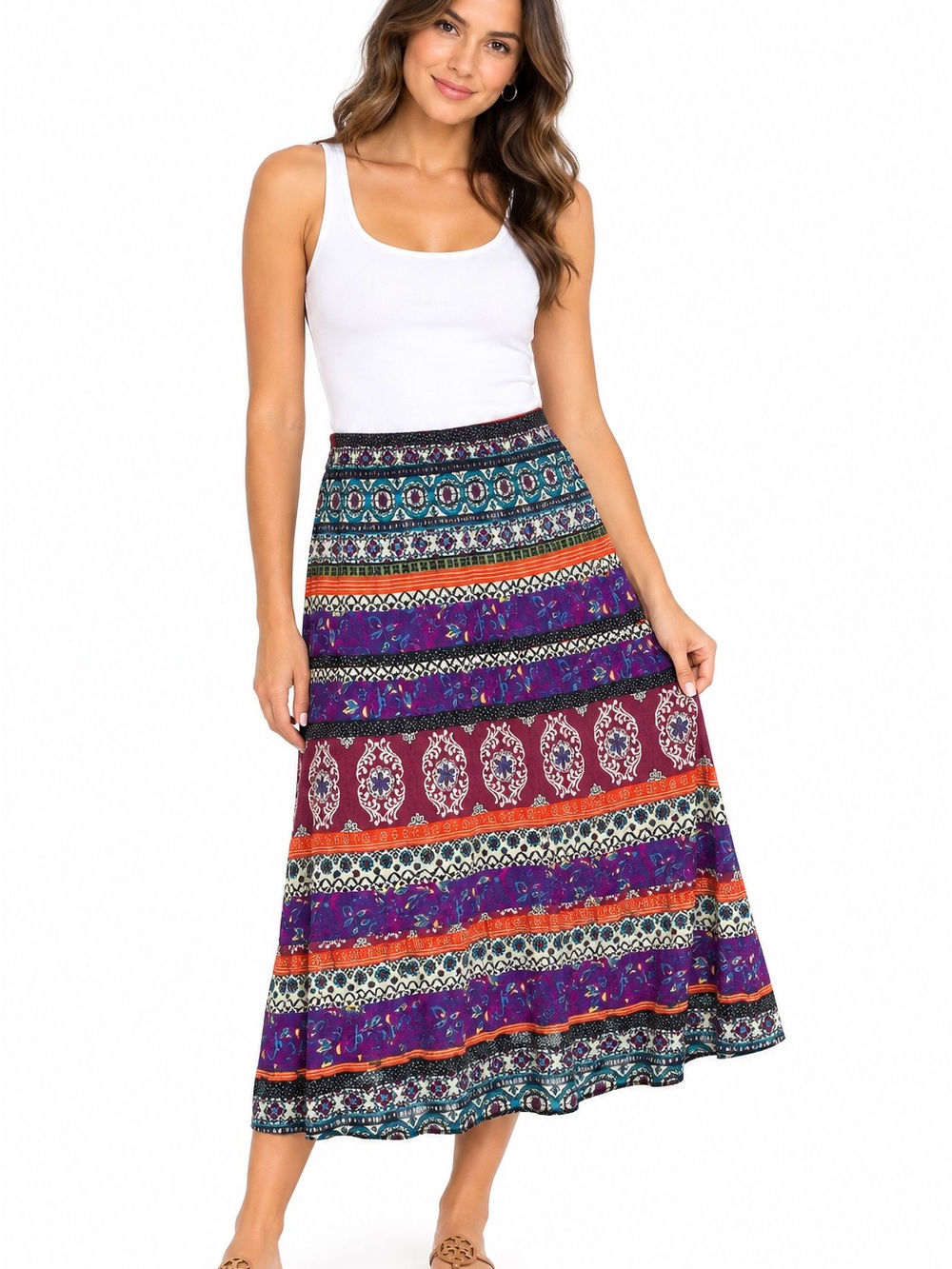 Laura Scott Multi-Stripe Boho Maxi Skirt - Purple/Teal/Orange